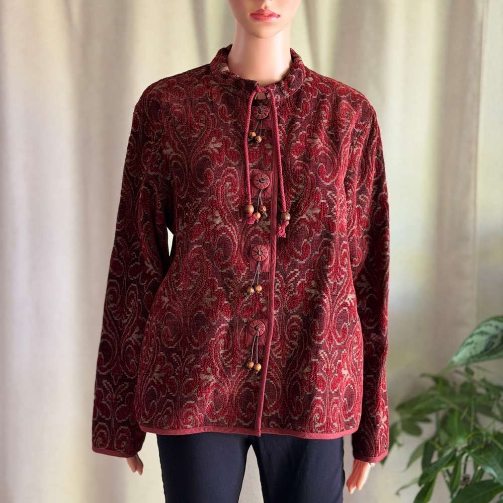 Vtg 90s Flashback Burgundy Paisley Tapestry Button Front Jacket Mock Neck Boho M - Picture 2 of 7